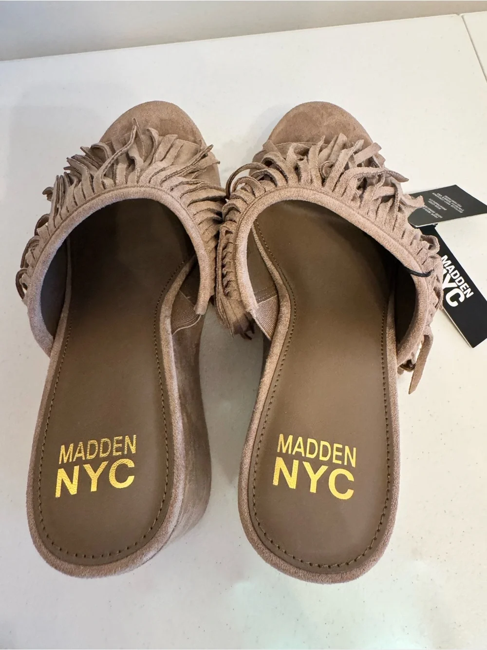 Madden NYC Tan Suede Fringe Platform Wedge Slides